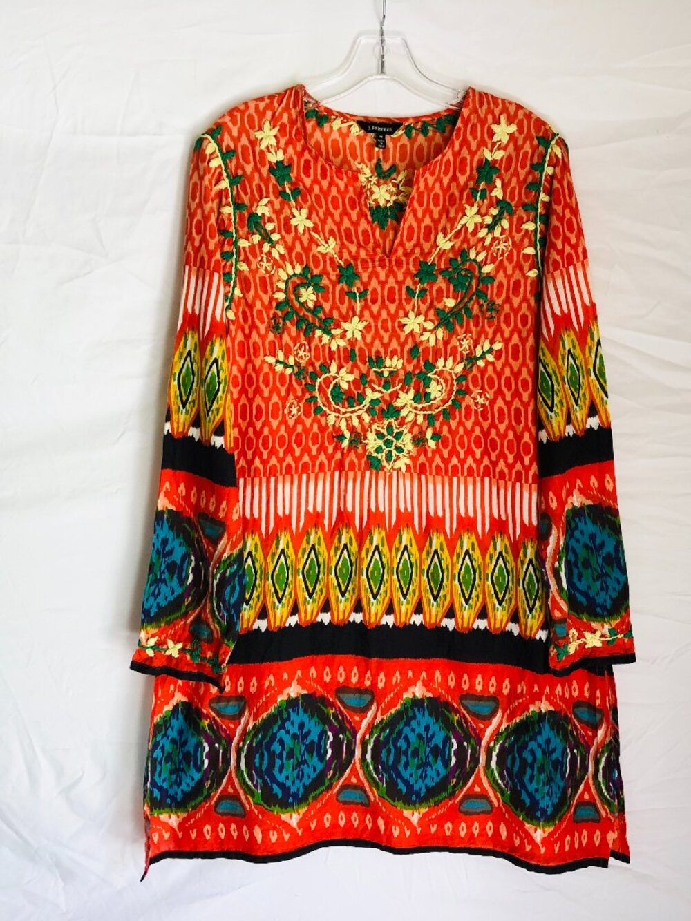 J. Peterman Women's Size Medium Floral Embroidered Boho Geometric Top Tunic Dres